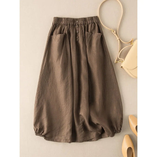 2021 Summer New Imitation Linen Retro Skirt Female Summer Mid-length High-waisted A-line Thin Literary Temperament Large Size
