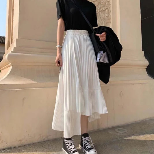 Lucyever White High Waist Pleated Skirt Women 2022 Korean Fashion Asymmetrical Ruffles Long Skirt New Summer A-line Midi Skirts